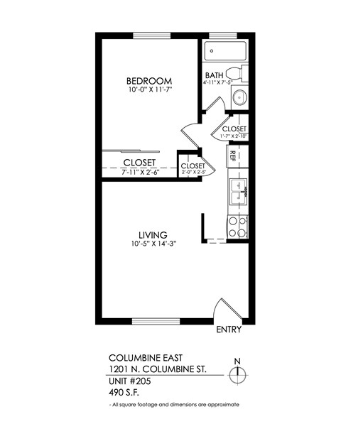 Floor plan for 1 bed, 1 bath, 490 sqft